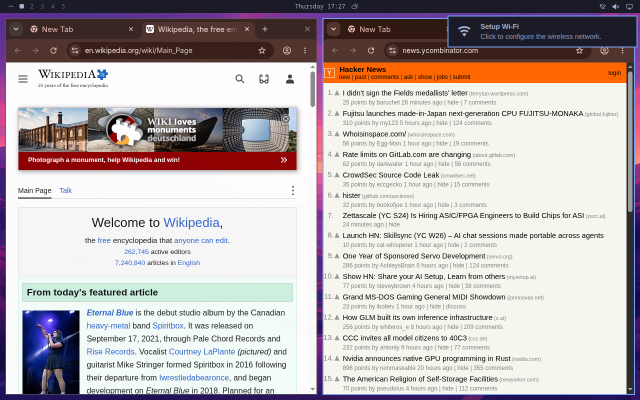 A live agent desktop with two Chromium windows tiled side by side: the main agent reading Hacker News and a sub-agent on Wikipedia, each in its own browser profile.